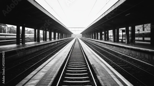 Obraz na płótnie Black and white photo of train station platform with converging tracks. w salonie