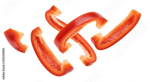 Sliced Red Bell Pepper Pieces Floating on White Background Close-up