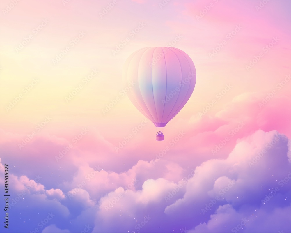Naklejka premium Serene hot air balloon journey dreamy sky digital art tranquil atmosphere aerial view adventure in the clouds