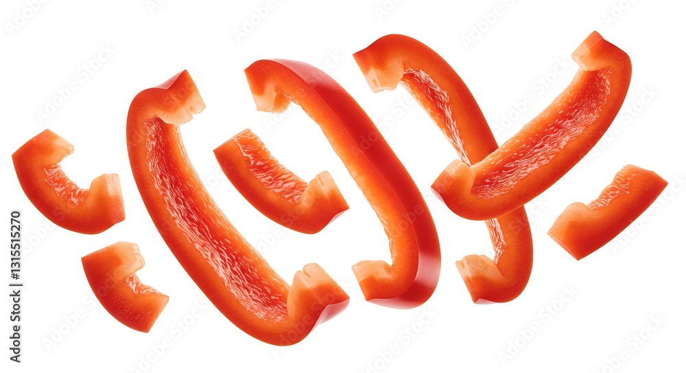 Sliced Red Bell Pepper Sections Floating on White Background Food Preparation Sliced Red Bell Pepper Sections Floating on White Background Food Preparation