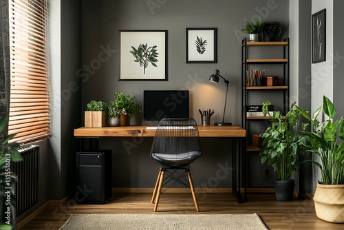 Minimalist home office with wooden desk and cozy decor  

