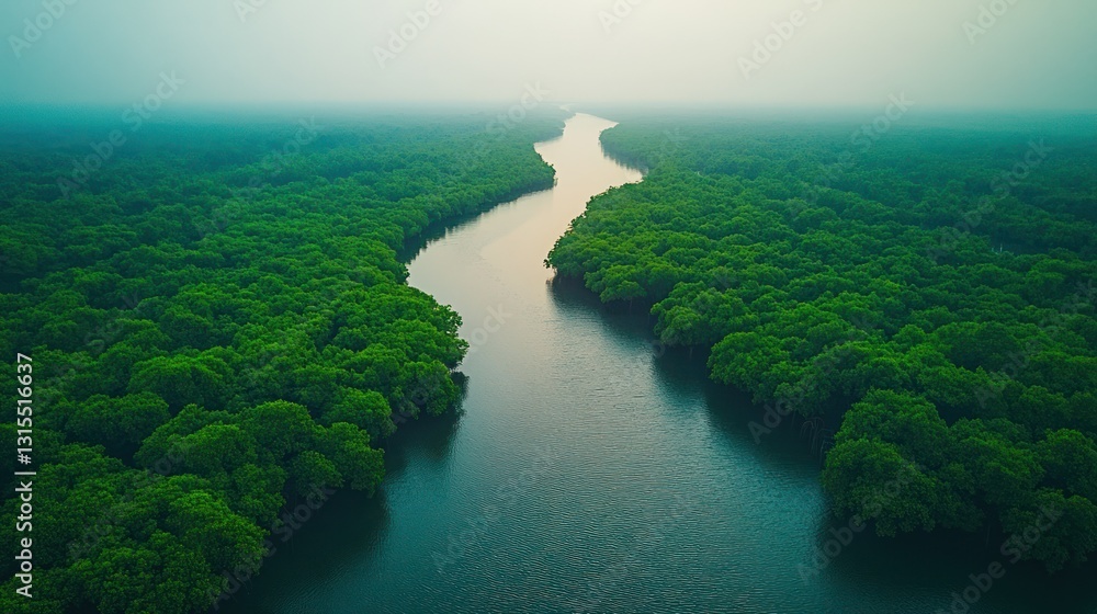 Aerial view River meandering through mangrove forest at dawn Aerial view River meandering through mangrove forest at dawn