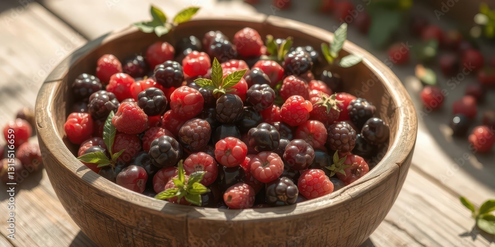 Sun-drenched wild berries overflowing a rustic wooden bowl, forest,fruit,tart Sun-drenched wild berries overflowing a rustic wooden bowl, forest,fruit,tart
