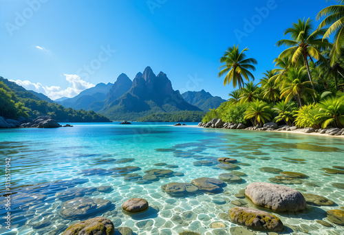 Serene Tropical Beach with Clear Turquoise Waters and Majestic Mountain Backdrop