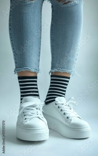 Close-up photo of a woman wearing white sneakers, black stripes on her socks, jeans, and a cropped top, against a white background, shot from a low angle.
