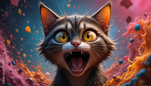 A Surprised Cat in a Colorful Explosion of Paint
