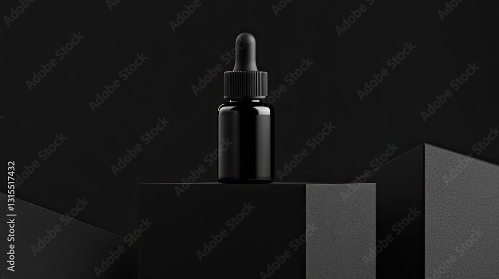 Fototapeta premium Black glass bottle on dark geometric platform
