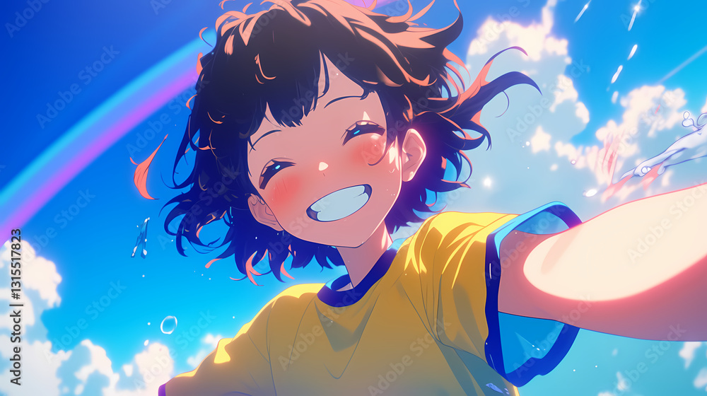 Joyful child with curly hair enjoying a sunny day, reaching out with a smile under a vibrant rainbow Joyful child with curly hair enjoying a sunny day, reaching out with a smile under a vibrant rainbow