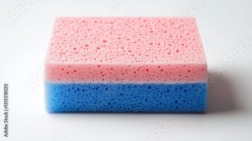 A dishwashing sponge placed on a white background, showcasing its texture and design.

