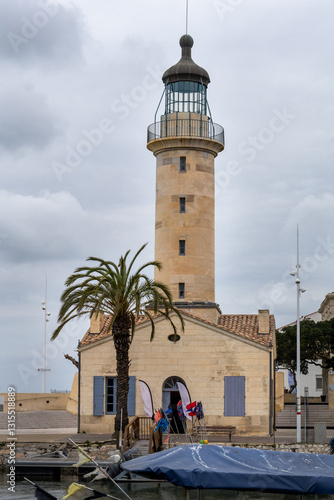 Lighthouse in Le-Grau-du-Roi in winter, close up, Gard, Occitania, France