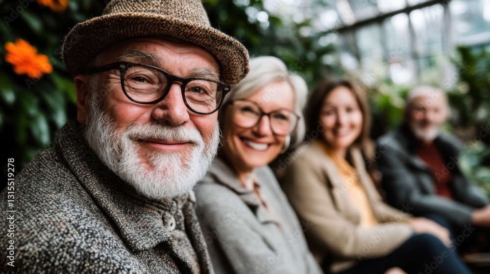 Joyful seniors enjoying time together in a lush indoor garden Joyful seniors enjoying time together in a lush indoor garden