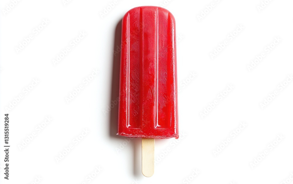 Red popsicle on white background. Close-up view of a vibrant red popsicle with a wooden stick, slightly melted, showing a glistening texture Red popsicle on white background. Close-up view of a vibrant red popsicle with a wooden stick, slightly melted, showing a glistening texture