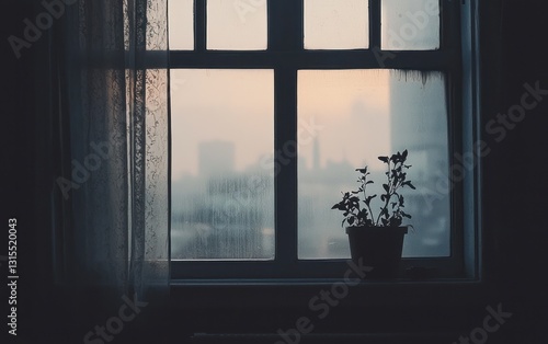 Rainy day view from a window, featuring a small potted plant and a blurred cityscape.  Moody atmosphere with soft lighting