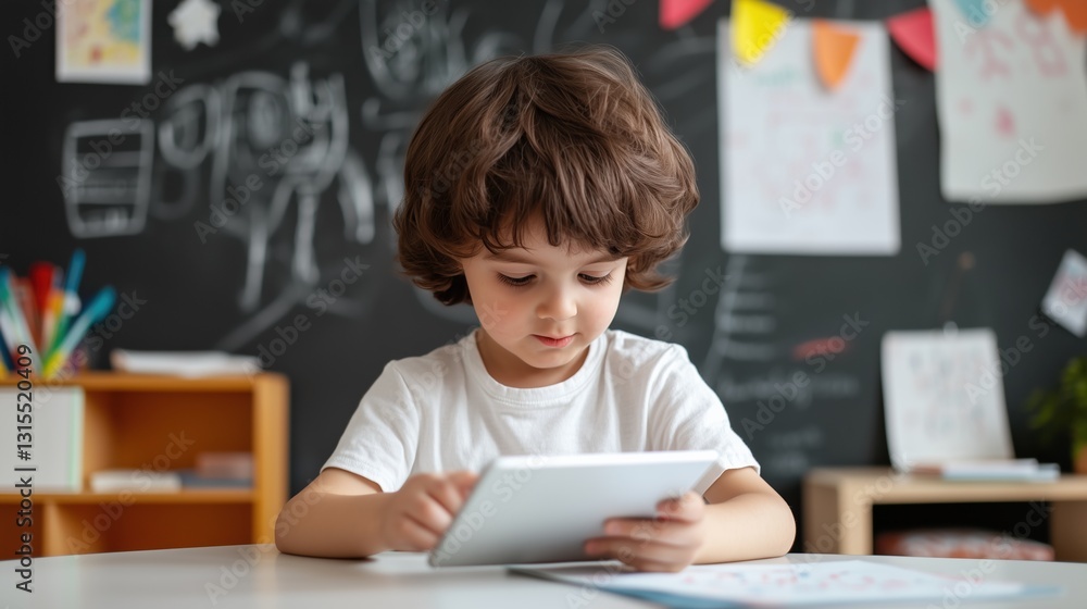 Young Learner and Tablet: A young, focused child intently uses a tablet at a desk in a classroom setting, surrounded by chalkboard decorations. Young Learner and Tablet: A young, focused child intently uses a tablet at a desk in a classroom setting, surrounded by chalkboard decorations.