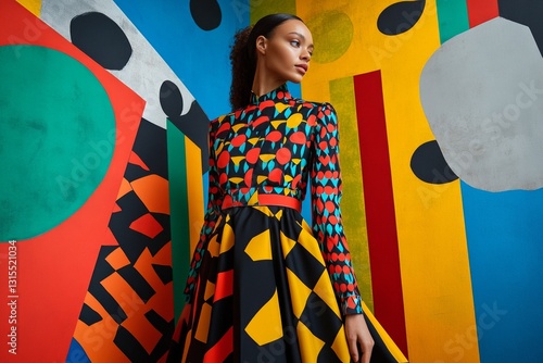 Young african female in colorful geometric patterned dress against bold abstract wall
