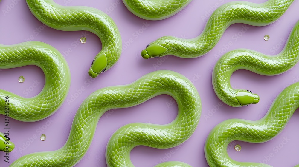 Fototapeta premium Vivid green snakes entwining gracefully on a soft lavender backdrop create a striking visual harmony