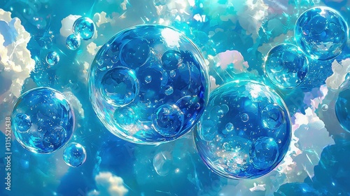 Light blue background featuring glass molecules and atoms representing biotechnology deoxyribonucleic acid peptide water chemistry for a vibrant science and medical theme