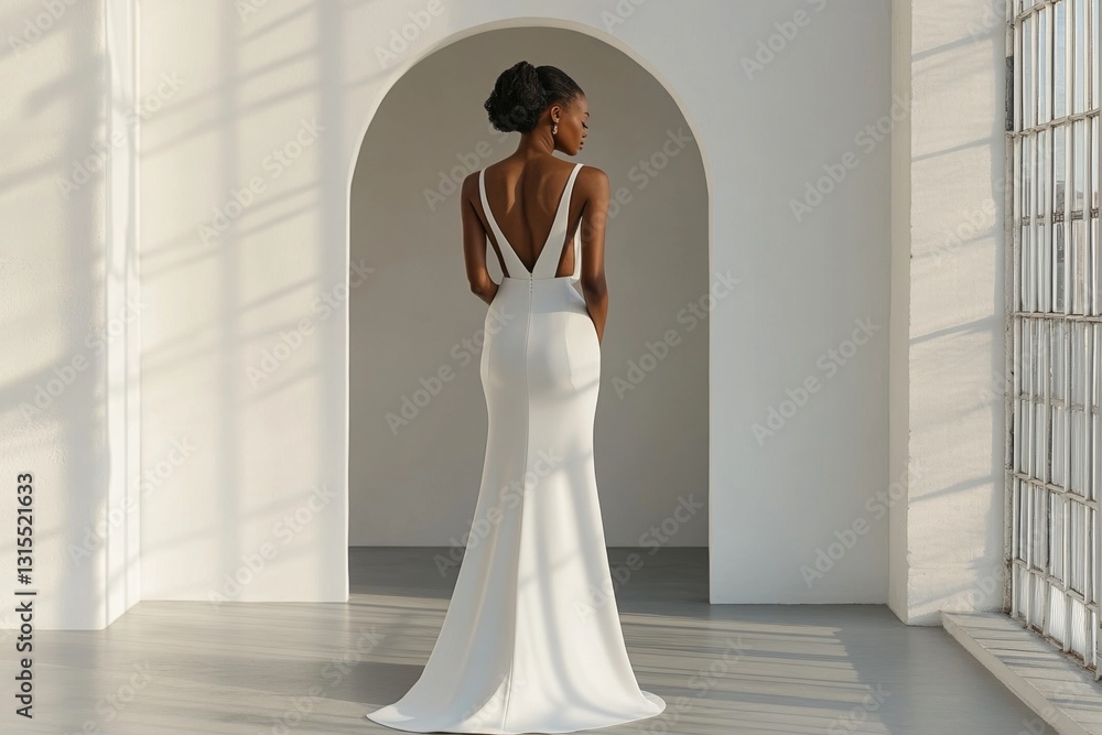 Elegant african female in bridal gown with sleek architecture and natural light Elegant african female in bridal gown with sleek architecture and natural light