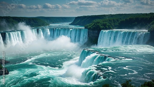 A breathtaking view of cascading waterfalls surrounded by lush greenery and a blue sky.