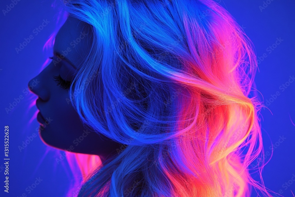 Silhouette of young caucasian female with neon blue and pink hair Silhouette of young caucasian female with neon blue and pink hair