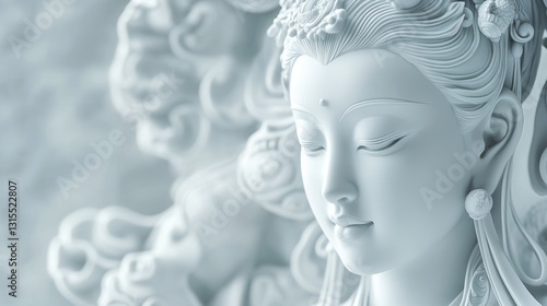 White sculpture of serene goddess against soft textured background photo