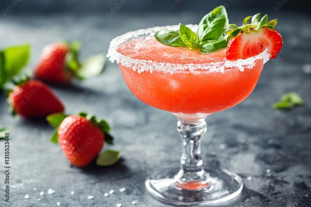 Refreshing strawberry margarita with basil and salt rim in elegant glass Refreshing strawberry margarita with basil and salt rim in elegant glass