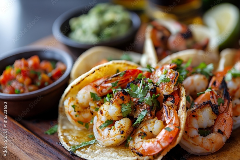 Grilled shrimp tacos with cilantro and sides of salsa and guacamole Grilled shrimp tacos with cilantro and sides of salsa and guacamole