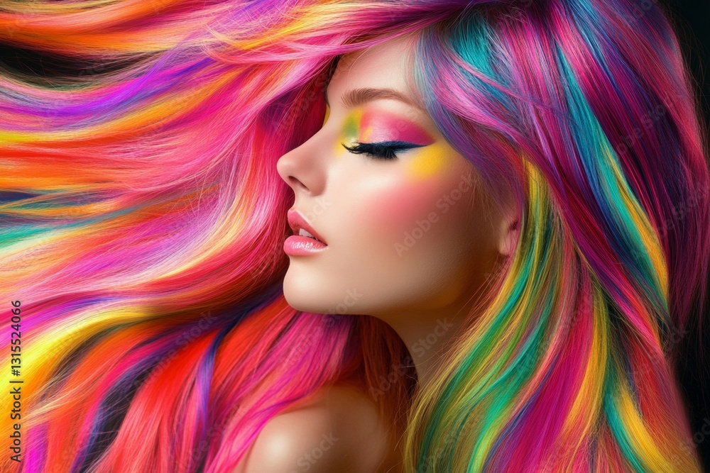 Naklejka premium Vibrant multicolored hair and makeup on young caucasian female profile