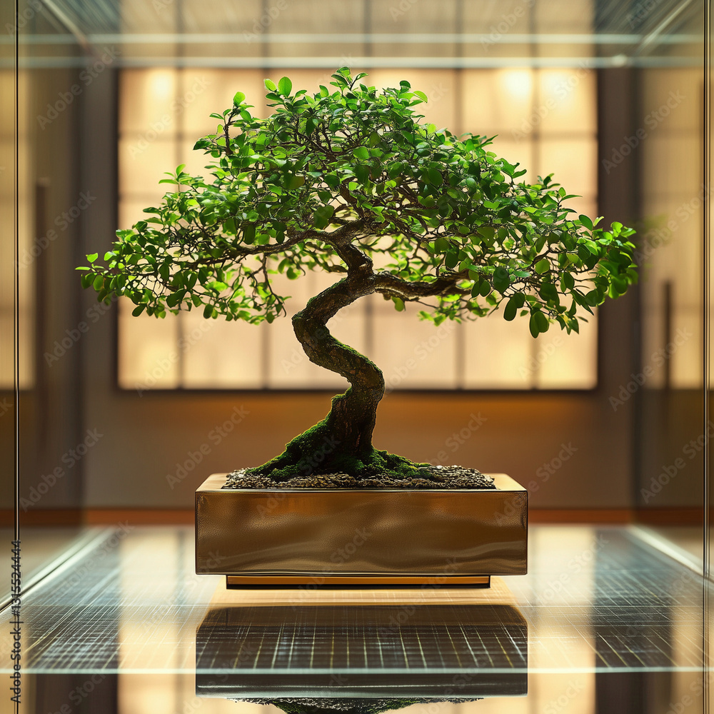 A healthy bonsai tree growing in a geometric pot A healthy bonsai tree growing in a geometric pot