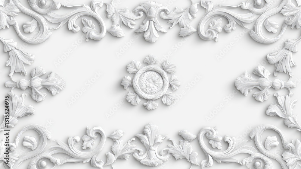 White ornate frame with floral design and central medallion. Intricate 3D relief molding perfect for classic interior design. White ornate frame with floral design and central medallion. Intricate 3D relief molding perfect for classic interior design.
