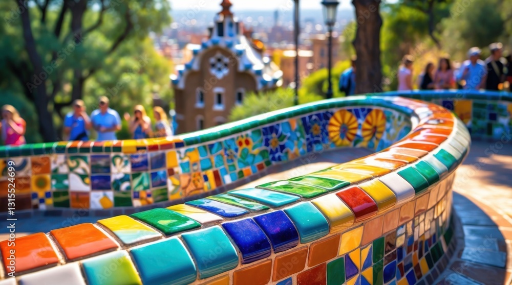 Vibrant Mosaic Bench in a Lush Garden Setting with Visitors and Architectural Background Vibrant Mosaic Bench in a Lush Garden Setting with Visitors and Architectural Background