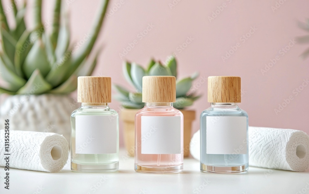 Three glass bottles with cork tops and blank labels sit on a white surface, flanked by succulents and white cotton rolls. Soft lighting creates a calming, spa-like atmosphere Three glass bottles with cork tops and blank labels sit on a white surface, flanked by succulents and white cotton rolls. Soft lighting creates a calming, spa-like atmosphere