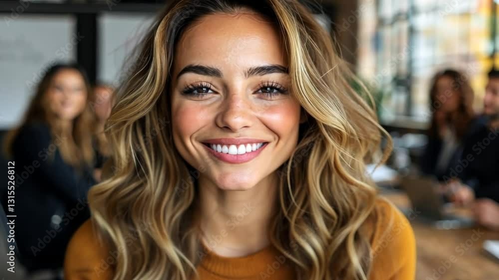 Confident Woman Smiling in Office Setting with Team Blurred in Background Confident Woman Smiling in Office Setting with Team Blurred in Background