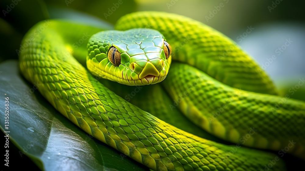 Obraz premium Green Snake on Lush Foliage: A Close-Up