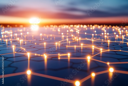 Abstract Technological Network with Orange Glowing Connections at Sunset