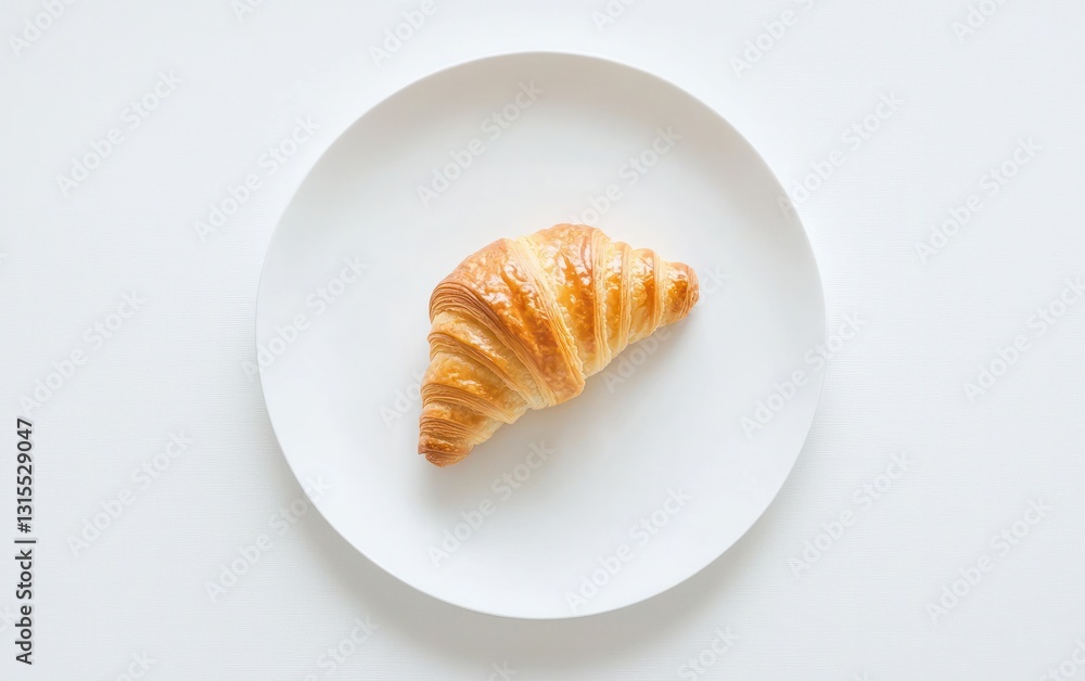 A golden brown croissant rests on a pristine white plate, set against a textured white background. The overhead shot emphasizes the flaky layers and subtle sheen of the pastry A golden brown croissant rests on a pristine white plate, set against a textured white background. The overhead shot emphasizes the flaky layers and subtle sheen of the pastry