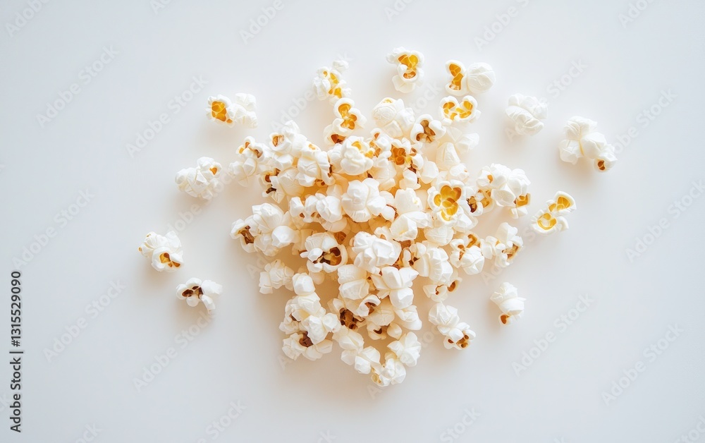 A pile of popcorn scattered on a white background. The popcorn is light yellow and white, creating a contrast against the plain backdrop. The image is simple and clean A pile of popcorn scattered on a white background. The popcorn is light yellow and white, creating a contrast against the plain backdrop. The image is simple and clean