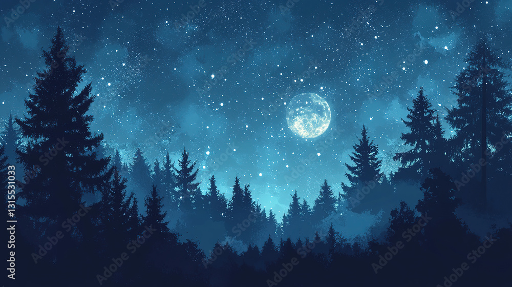 Fototapeta premium Starry night sky over forest landscape nature scene dark blue environment tranquil viewpoint dreamy concept
