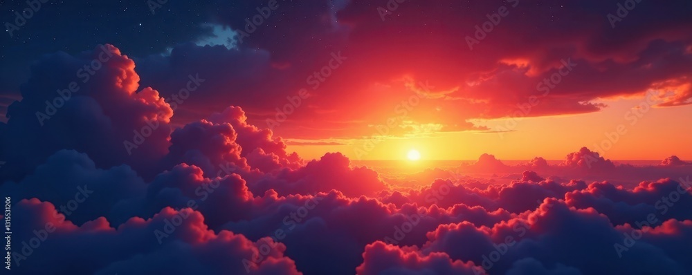 Glowing embers of sunset fade behind the clouds, evening scene, starry night, fading light Glowing embers of sunset fade behind the clouds, evening scene, starry night, fading light