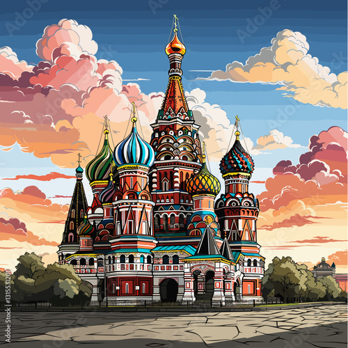 Saint Basil's Cathedral hand-drawn comic illustration. Cathedral of Vasily the Blessed. Vector doodle style cartoon illustration