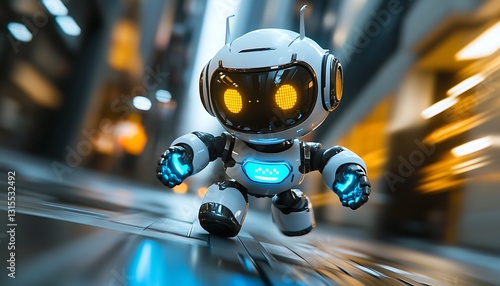 Robot running city street, tech future