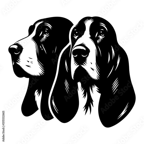 Basset Hound's head is a black and white logo. EPS vector graphics.