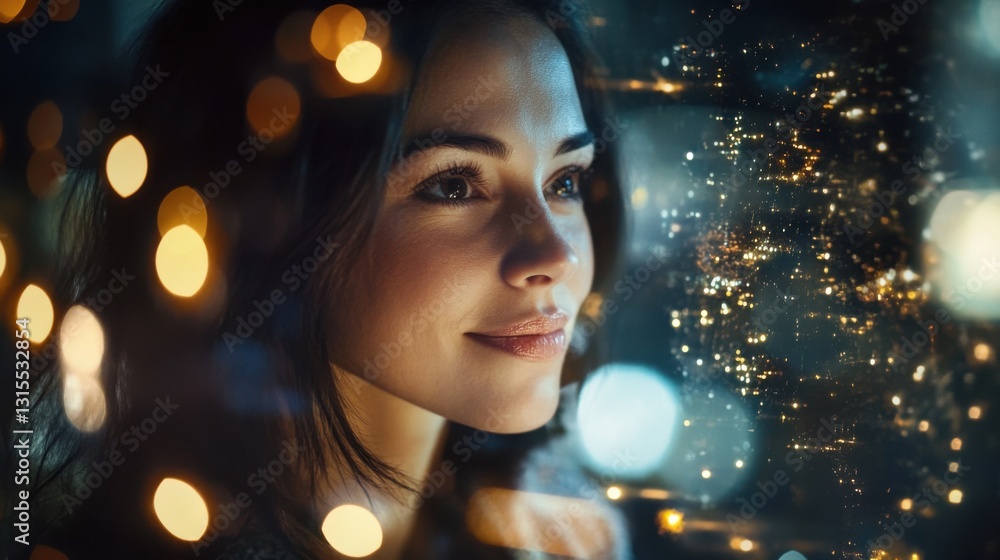 Portrait of a Young Woman with Dreamy Expression Against City Lights Portrait of a Young Woman with Dreamy Expression Against City Lights