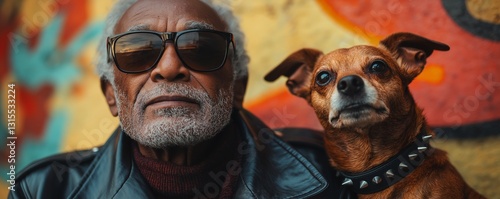 Rugged African American Man in Leather Jacket and Sunglasses with Small Dog in Studded Collar Against a Colorful Graffiti Wall for Street Fashion and Bonding in Bold Tones