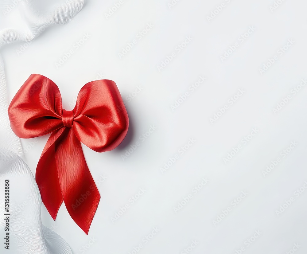 Elegant red satin bow on a soft white surface, perfect for holiday gifts, decorations, or special occasion promotions displaying vibrant color and texture Elegant red satin bow on a soft white surface, perfect for holiday gifts, decorations, or special occasion promotions displaying vibrant color and texture