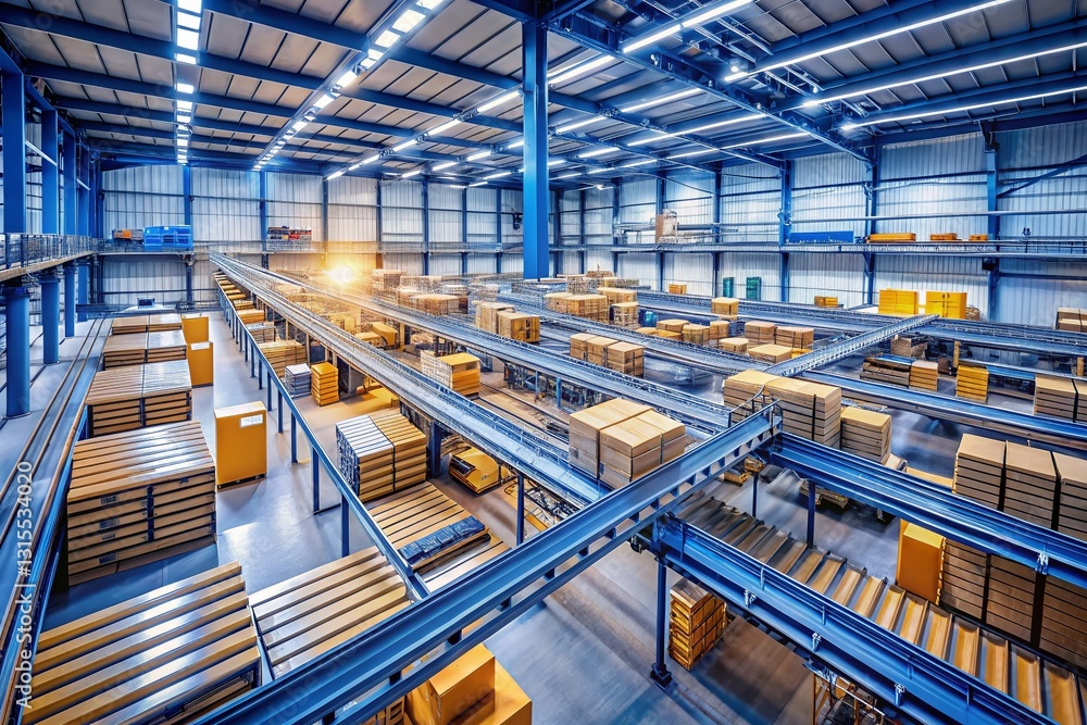 Optimized Warehouse Logistics: Aerial View of Advanced Conveyor Belt System for Efficient Package Management Optimized Warehouse Logistics: Aerial View of Advanced Conveyor Belt System for Efficient Package Management