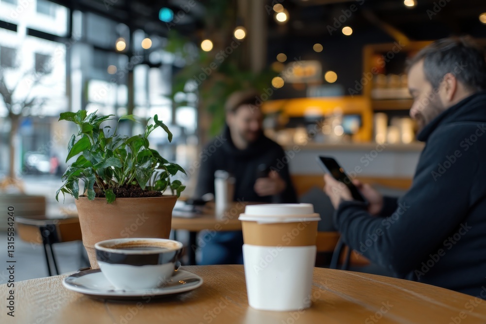 Two men engaged with their smartphones in a warm café setting, reflecting modern social habits and the blend of technology into everyday life while enjoying a comfortable environment. Two men engaged with their smartphones in a warm café setting, reflecting modern social habits and the blend of technology into everyday life while enjoying a comfortable environment.