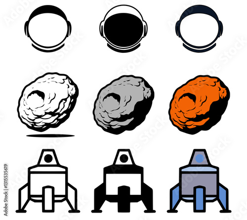 Space vector icons set with astronaut helmet, asteroid, moon lander