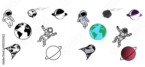 Space vector icons set with cartoon astronaut, planets, asteroid, satellite, isolated on transparent background