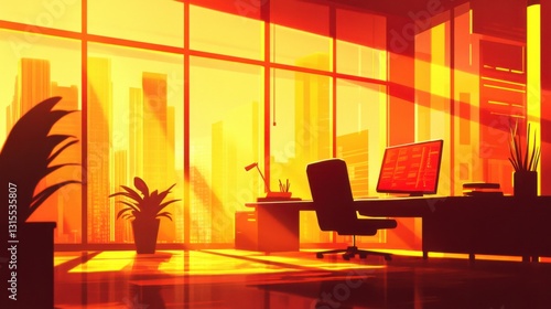 Vibrant Sunset Office View with Urban Landscape and Modern Equipment